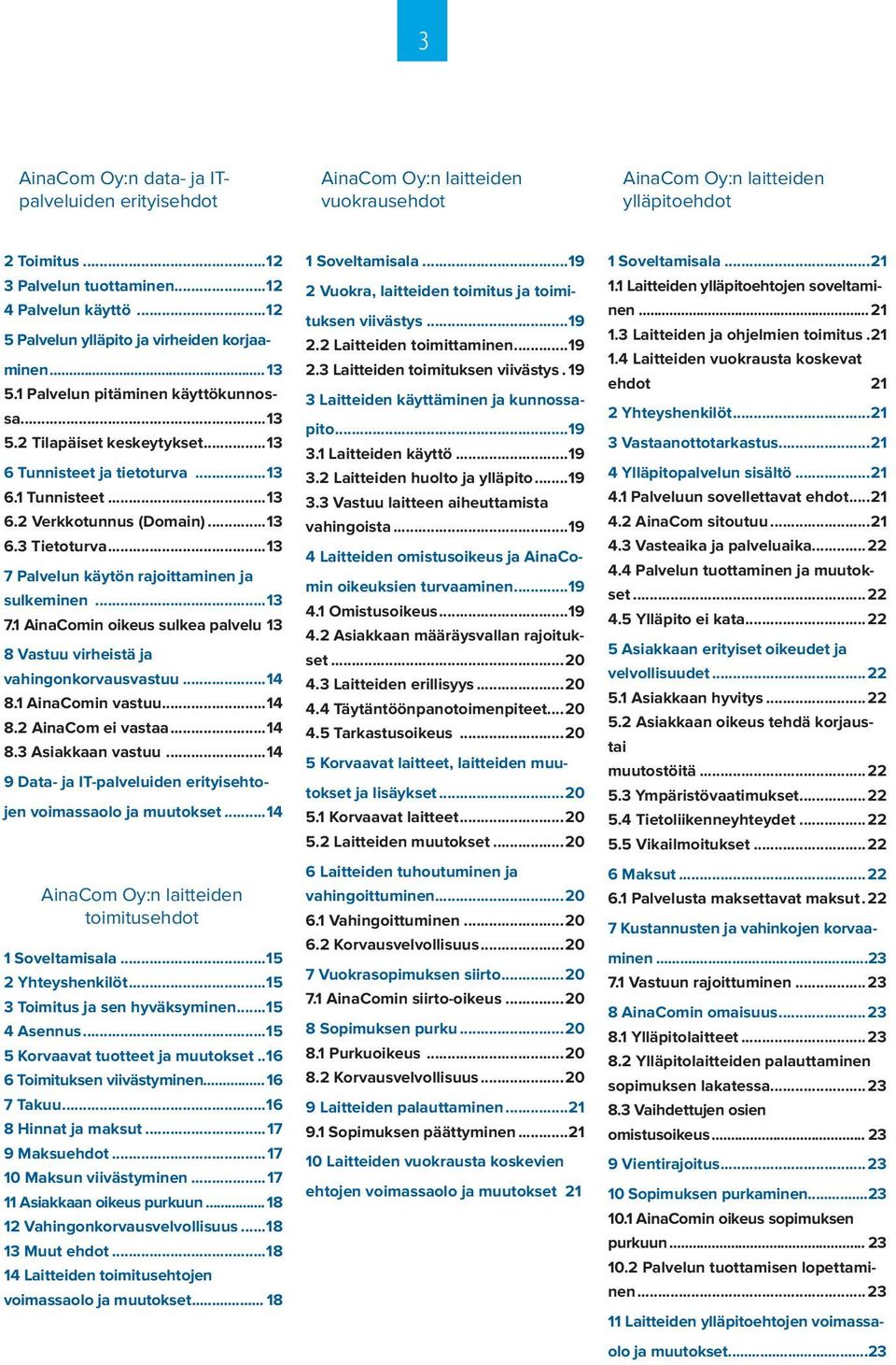 ..13 6.3 Tietoturva...13 7 Palvelun käytön rajoittaminen ja sulkeminen...13 7.1 AinaComin oikeus sulkea palvelu.13 8 Vastuu virheistä ja vahingonkorvausvastuu...14 8.1 AinaComin vastuu...14 8.2 AinaCom ei vastaa.