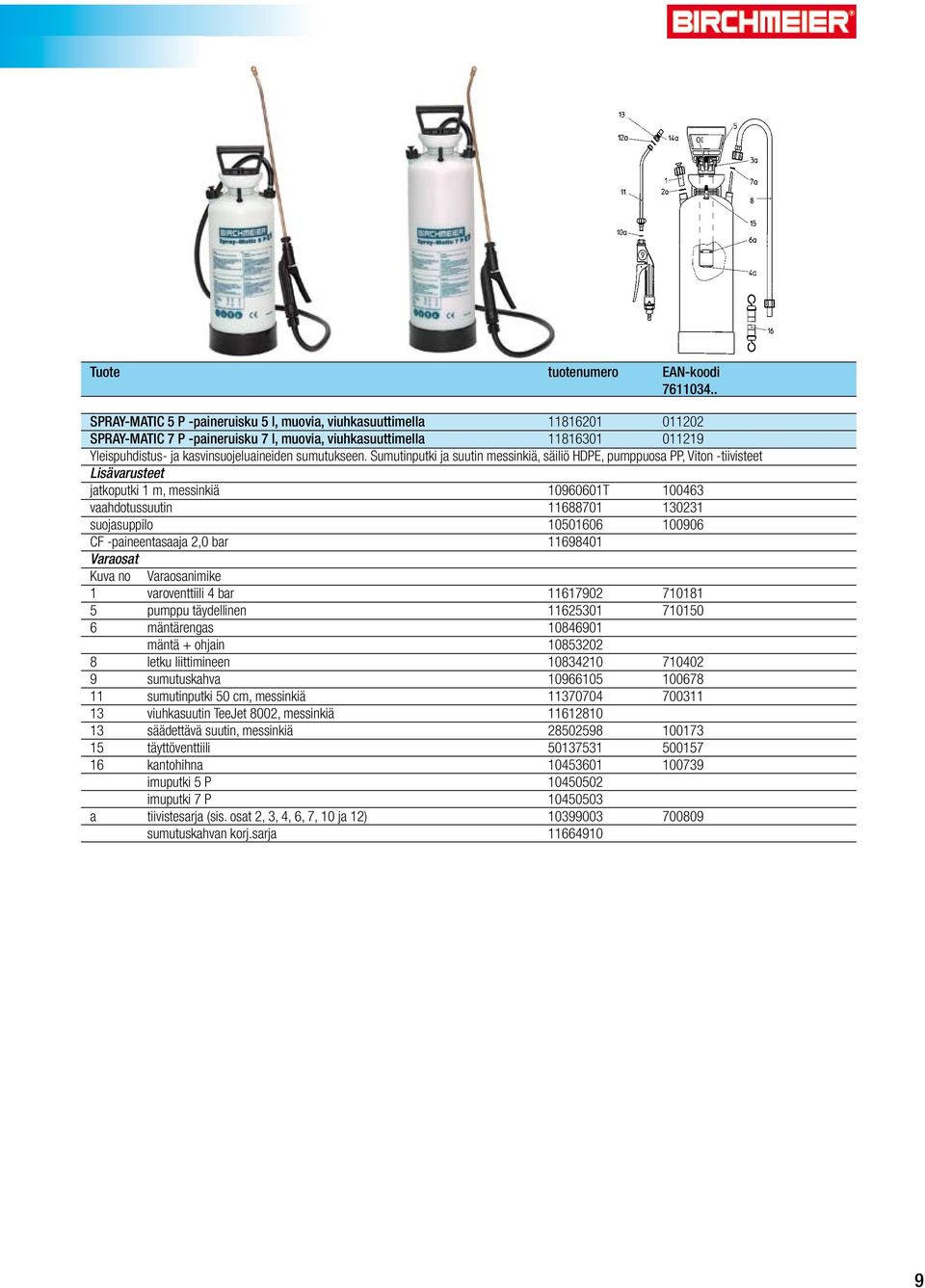 Sumutinputki ja suutin messinkiä, säiliö HDPE, pumppuosa PP, Viton -tiivisteet jatkoputki 1 m, messinkiä 10960601T 100463 vaahdotussuutin 11688701 130231 suojasuppilo 10501606 100906 CF