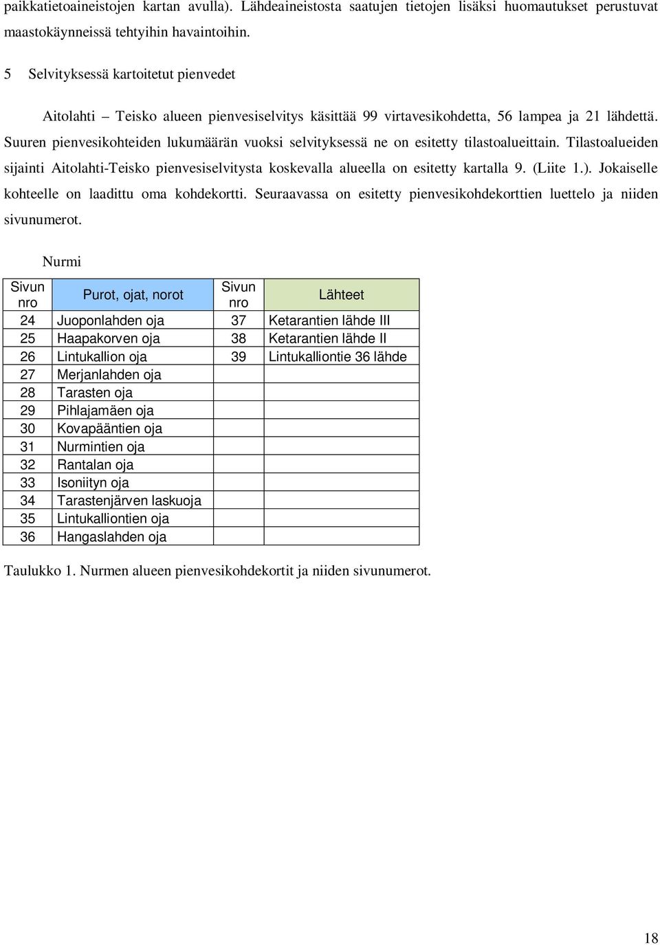 Suuren pienvesikohteiden lukumäärän vuoksi selvityksessä ne on esitetty tilastoalueittain. Tilastoalueiden sijainti AitolahtiTeisko pienvesiselvitysta koskevalla alueella on esitetty kartalla 9.