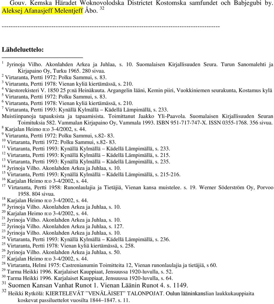 Suomalaisen Kirjallisuuden Seura. Turun Sanomalehti ja Kirjapaino Oy, Turku 1965. 280 sivua. 2 Virtaranta, Pertti 1972: Polku Sammui, s. 83. 3 Virtaranta, Pertti 1978: Vienan kyliä kiertämässä, s.