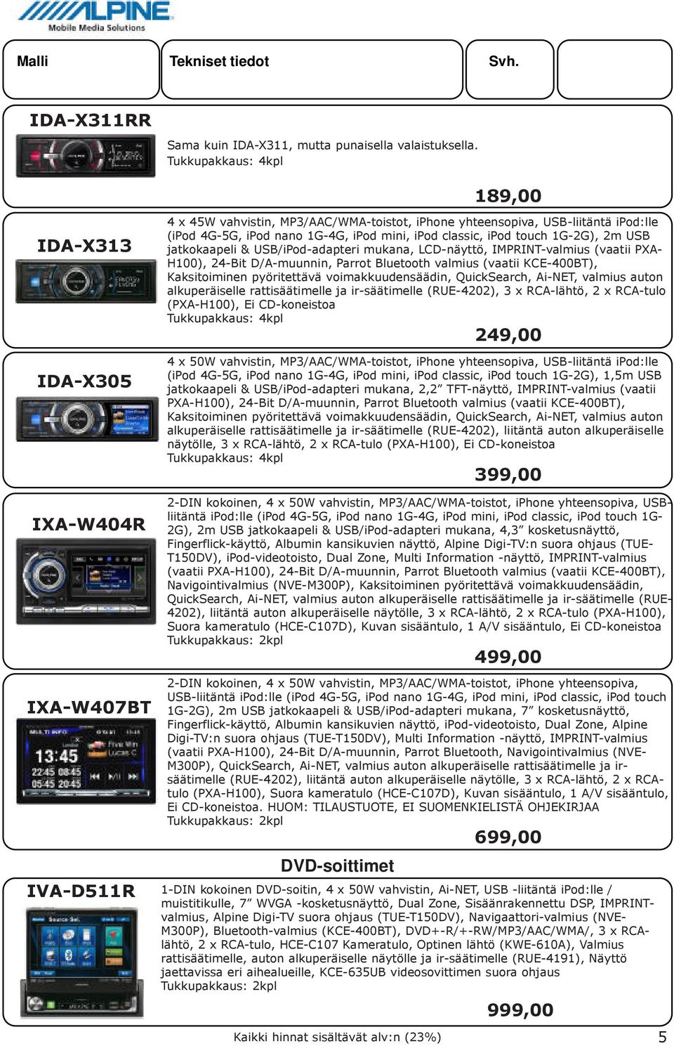 ipod classic, ipod touch 1G-2G), 2m USB jatkokaapeli & USB/iPod-adapteri mukana, LCD-näyttö, IMPRINT-valmius (vaatii PXA- H100), 24-Bit D/A-muunnin, Parrot Bluetooth valmius (vaatii KCE-400BT),