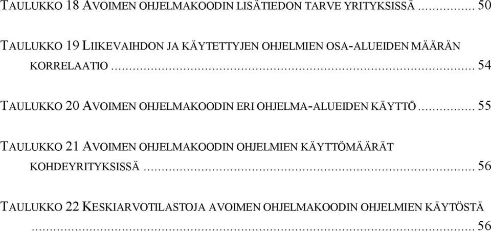 .. 54 TAULUKKO 20 AVOIMEN OHJELMAKOODIN ERI OHJELMA ALUEIDEN KÄYTTÖ.