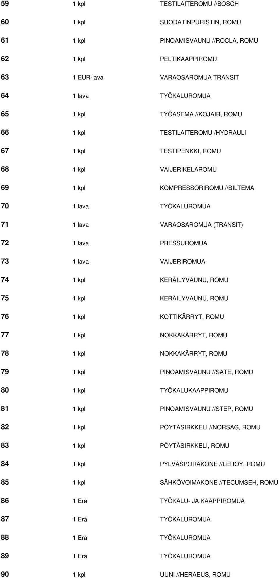 (TRANSIT) 72 1 lava PRESSUROMUA 73 1 lava VAIJERIROMUA 74 1 kpl KERÄILYVAUNU, ROMU 75 1 kpl KERÄILYVAUNU, ROMU 76 1 kpl KOTTIKÄRRYT, ROMU 77 1 kpl NOKKAKÄRRYT, ROMU 78 1 kpl NOKKAKÄRRYT, ROMU 79 1