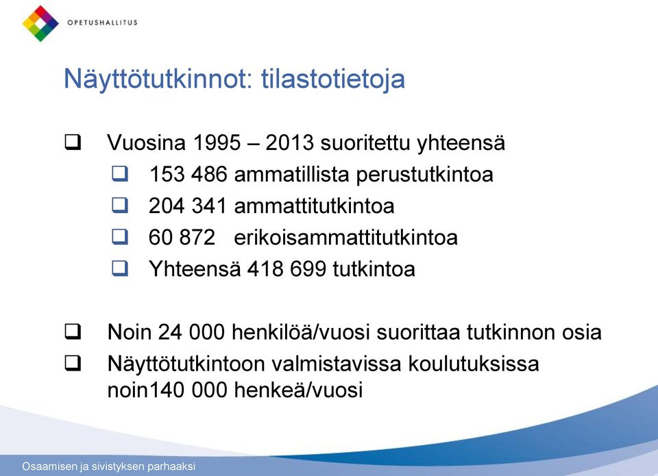 erikoisammattitutkintoa Yhteensä 418 699 tutkintoa Noin 24 000 henkilöä/vuosi