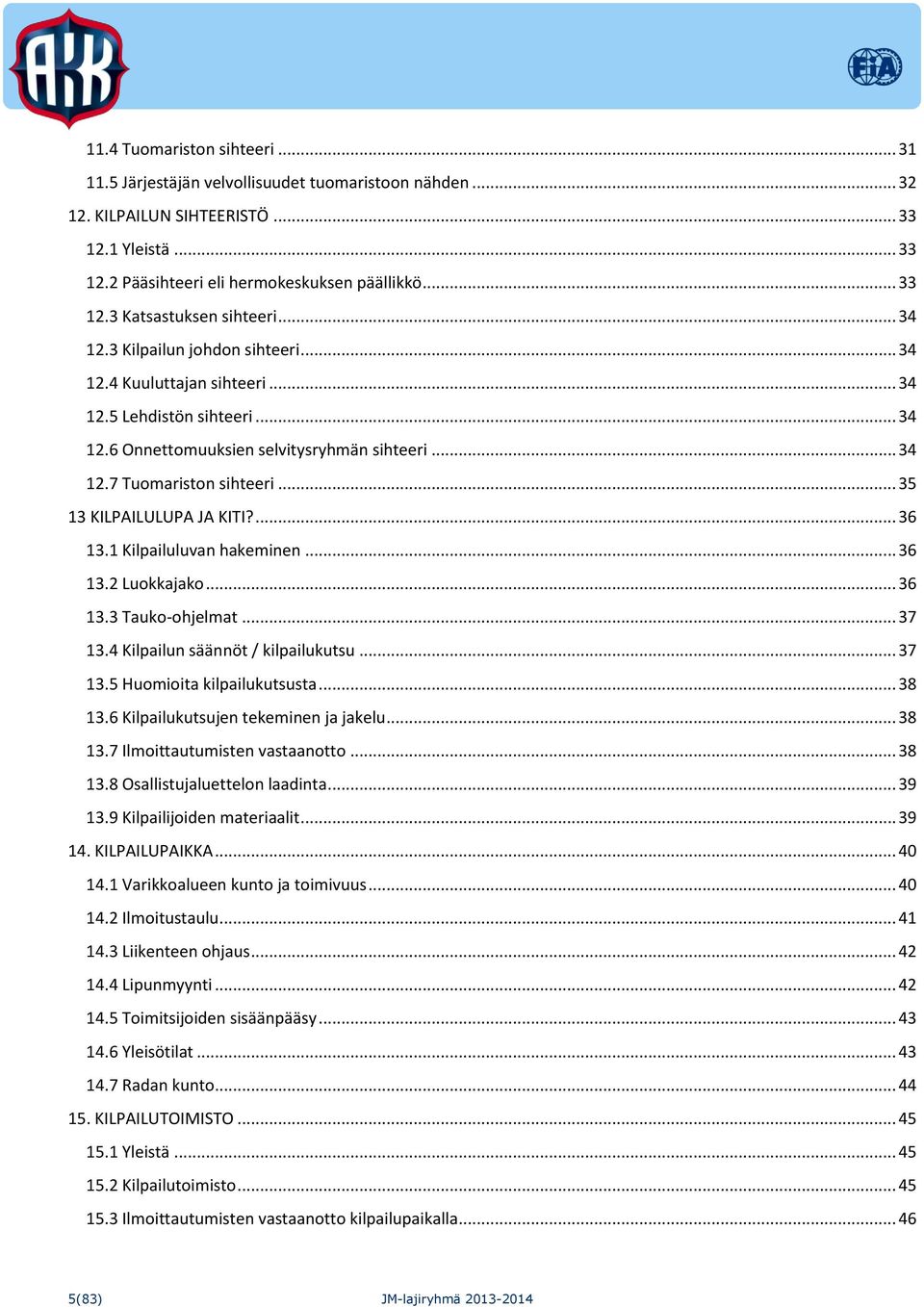 .. 35 13 KILPAILULUPA JA KITI?... 36 13.1 Kilpailuluvan hakeminen... 36 13.2 Luokkajako... 36 13.3 Tauko-ohjelmat... 37 13.4 Kilpailun säännöt / kilpailukutsu... 37 13.5 Huomioita kilpailukutsusta.