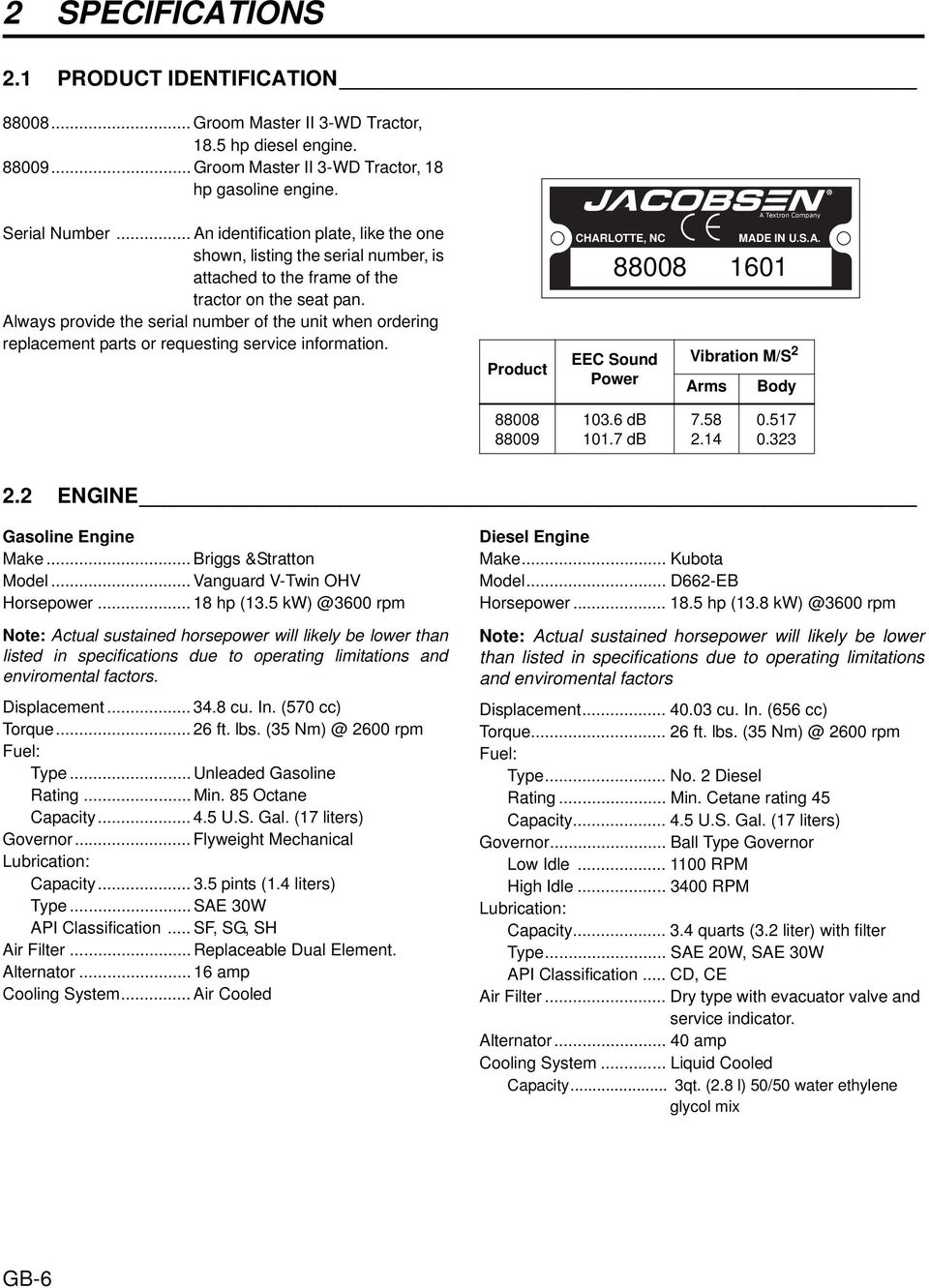 Always provide the serial number of the unit when ordering replacement parts or requesting service information. Product CHARLOTTE, NC EEC Sound Power Vibration M/S 2 Arms A Textron Company MADE IN U.