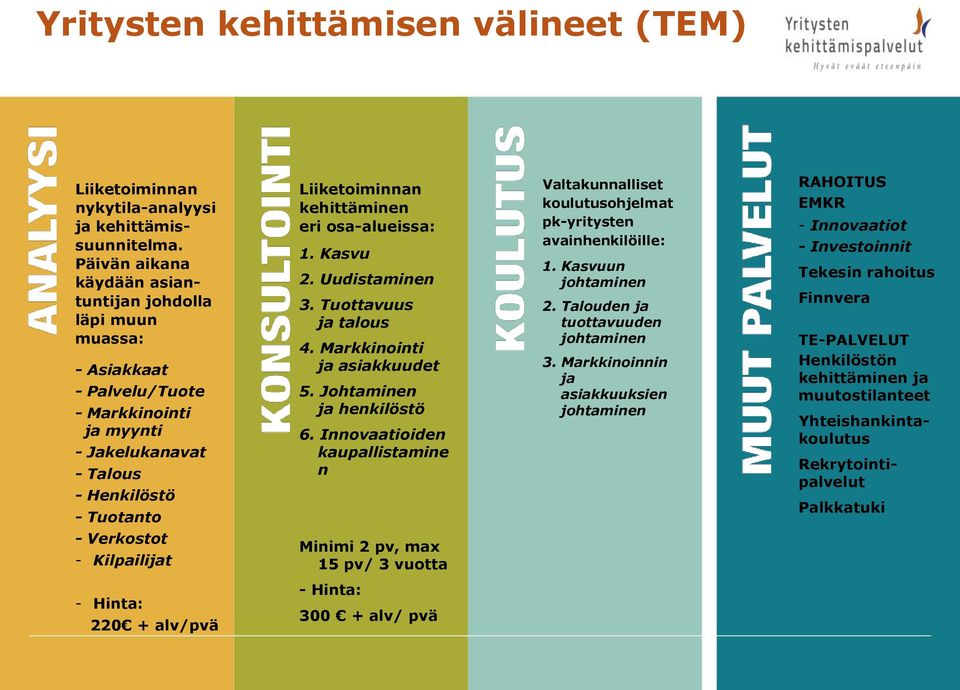 osa-alueissa: 1. Kasvu 2. Uudistaminen 3. Tuottavuus ja talous 4. Markkinointi ja asiakkuudet 5. Johtaminen ja henkilöstö 6.