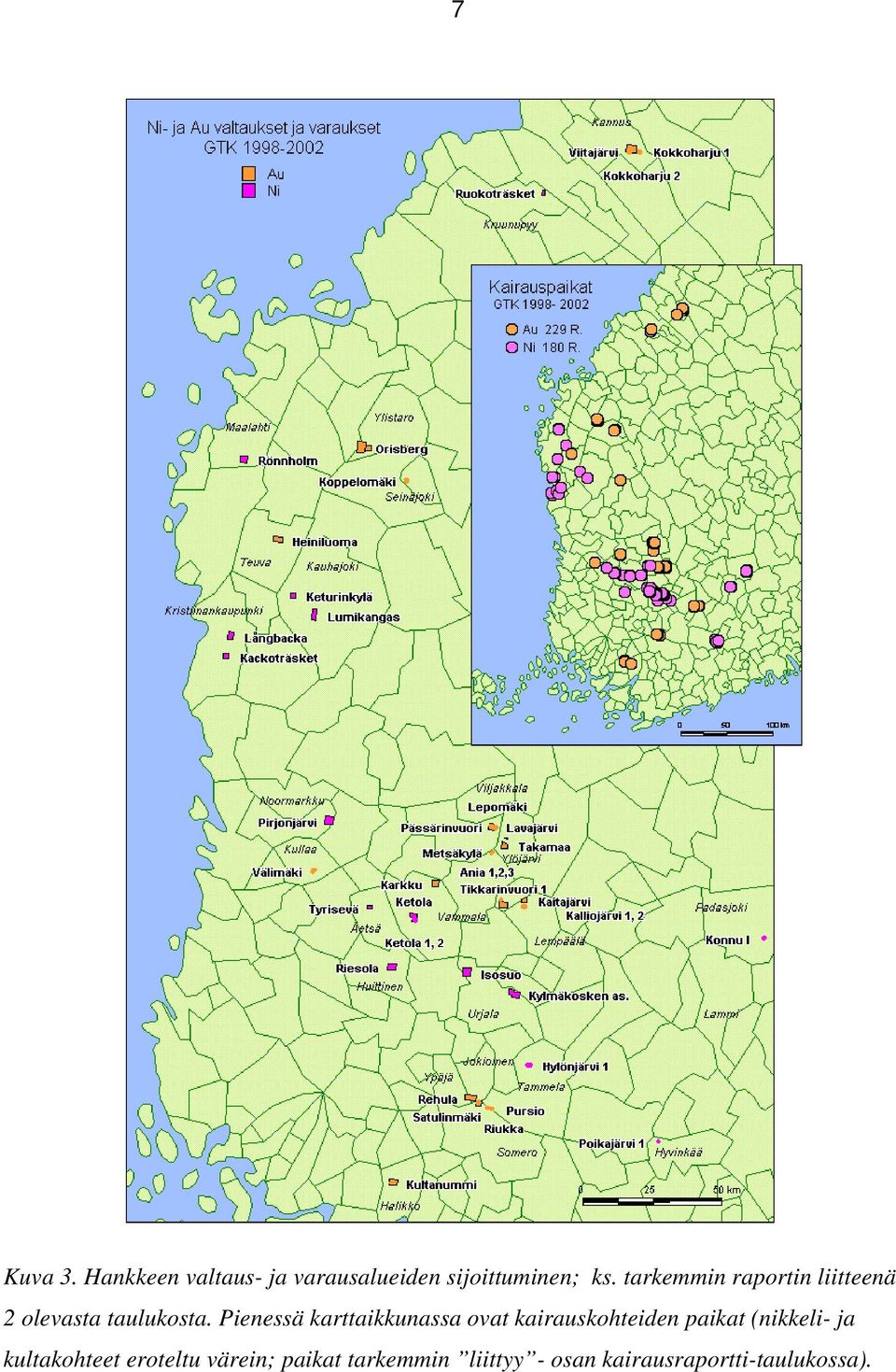 Pienessä karttaikkunassa ovat kairauskohteiden paikat (nikkeli- ja