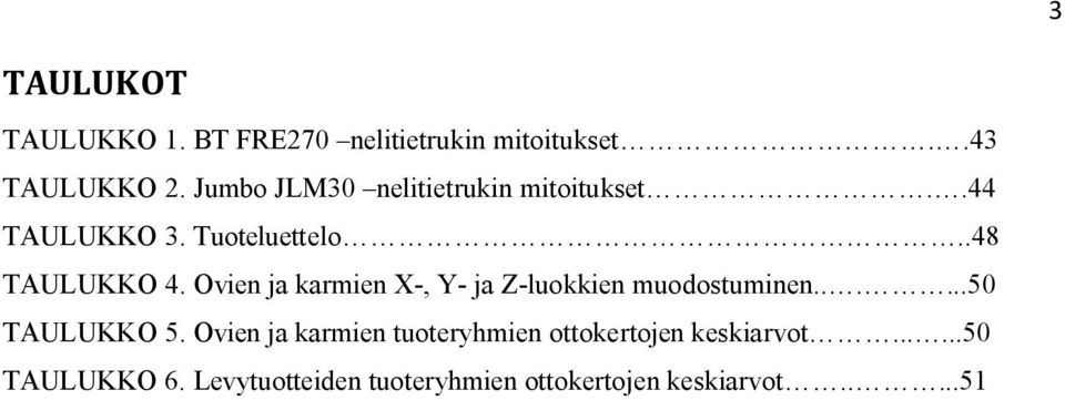 Ovien ja karmien X-, Y- ja Z-luokkien muodostuminen......50 TAULUKKO 5.