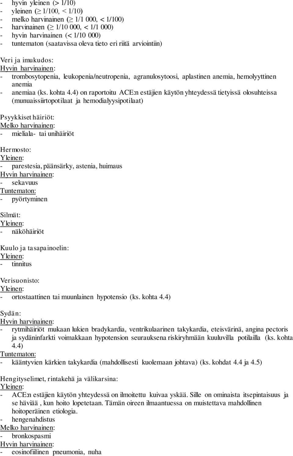 4) on raportoitu ACE:n estäjien käytön yhteydessä tietyissä olosuhteissa (munuaissiirtopotilaat ja hemodialyysipotilaat) Psyykkiset häiriöt: Melko harvinainen: - mieliala- tai unihäiriöt Hermosto: