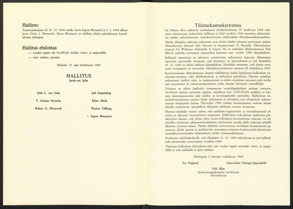 pnä huhtikuuta 1969 H A LLITU S Jacob von Julin Jarl Gripenberg T. Gunnar Nyström Klaus Ahola Robert G. Ehrnrooth Thomas Tallberg. /.