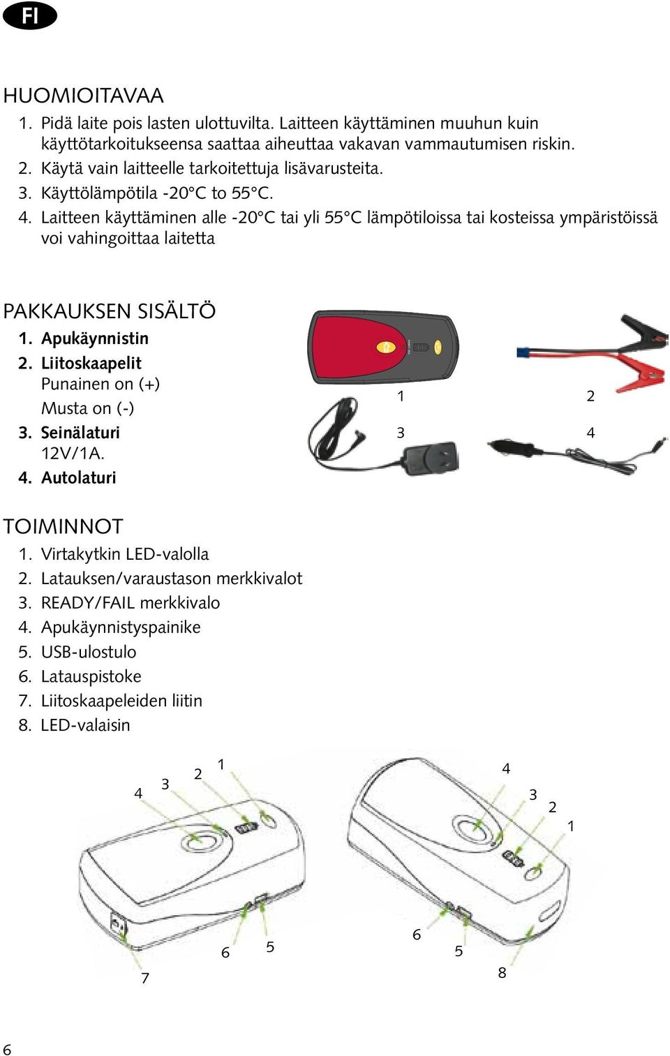 . Laitteen käyttäminen alle -0 C tai yli 55 C lämpötiloissa tai kosteissa ympäristöissä voi vahingoittaa laitetta PAKKAUKSEN SISÄLTÖ 1. Apukäynnistin.