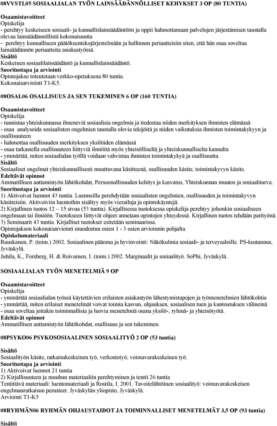 Keskeinen sosiaalilainsäädäntö ja kunnallislainsäädäntö. Opintojakso toteutetaan verkko-opetuksena 80 tuntia.