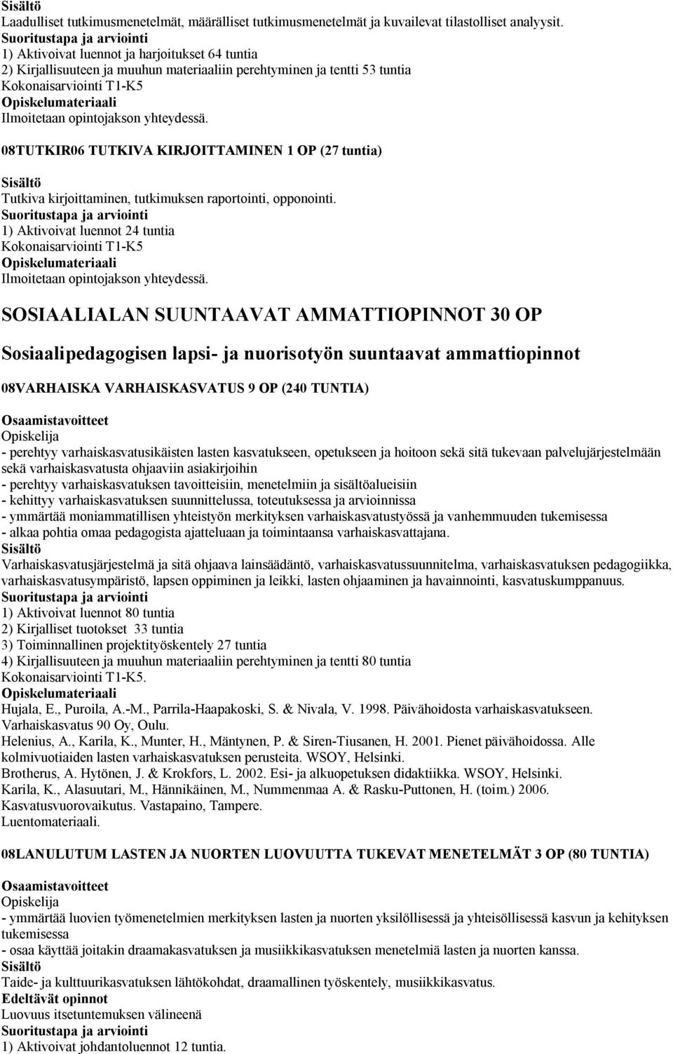 08TUTKIR06 TUTKIVA KIRJOITTAMINEN 1 OP (27 tuntia) Tutkiva kirjoittaminen, tutkimuksen raportointi, opponointi.