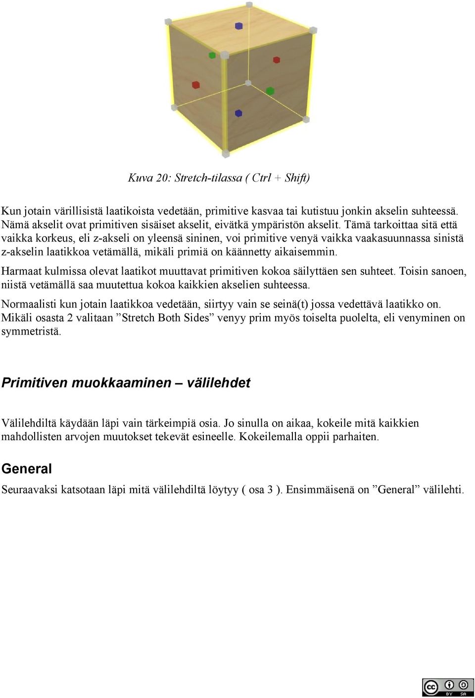 Tämä tarkoittaa sitä että vaikka korkeus, eli z-akseli on yleensä sininen, voi primitive venyä vaikka vaakasuunnassa sinistä z-akselin laatikkoa vetämällä, mikäli primiä on käännetty aikaisemmin.