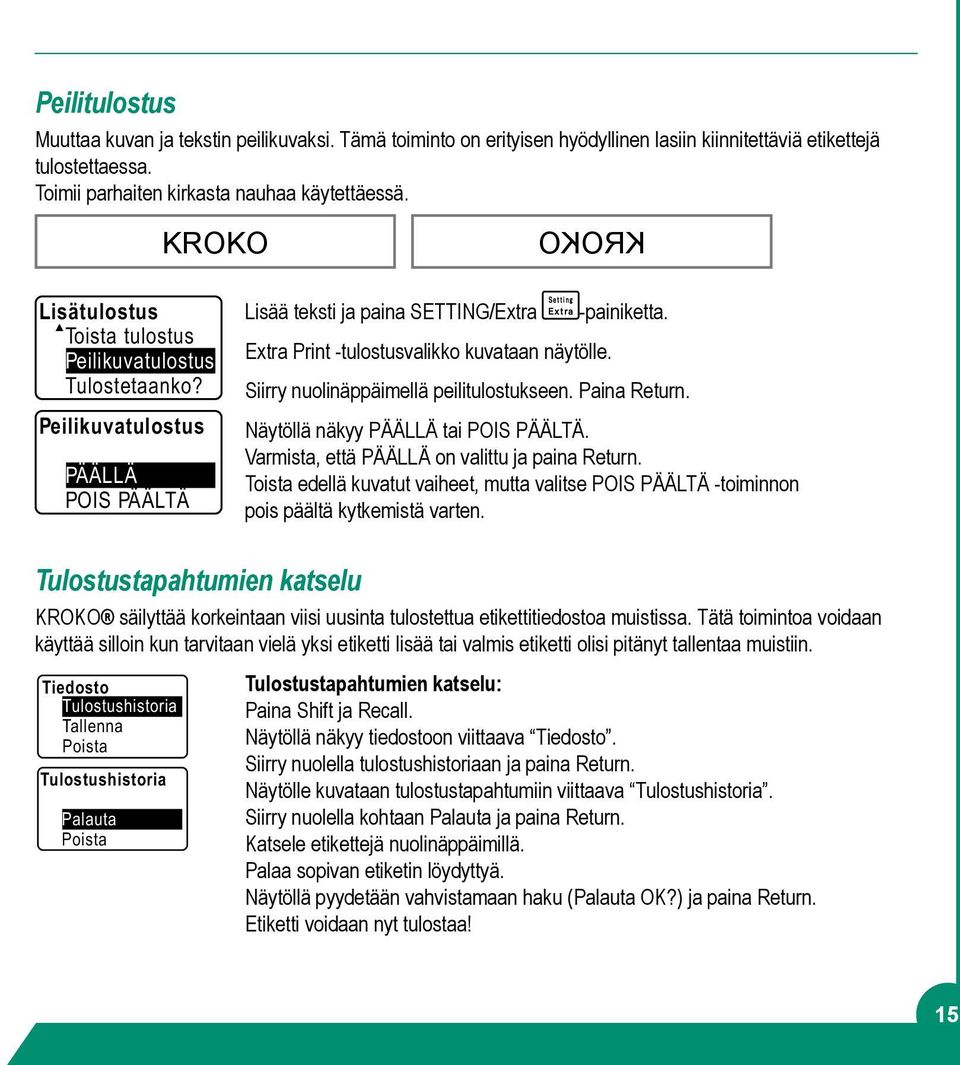 Extra Print -tulostusvalikko kuvataan näytölle. Siirry nuolinäppäimellä peilitulostukseen. Paina Return. Näytöllä näkyy PÄÄLLÄ tai POIS PÄÄLTÄ. Varmista, että PÄÄLLÄ on valittu ja paina Return.