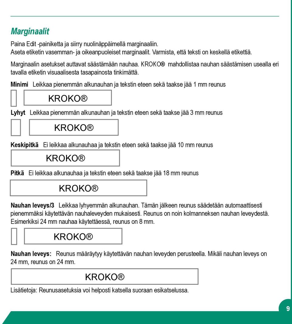 Minimi Leikkaa pienemmän alkunauhan ja tekstin eteen sekä taakse jää 1 mm reunus KROKO Lyhyt Leikkaa pienemmän alkunauhan ja tekstin eteen sekä taakse jää 3 mm reunus KROKO Keskipitkä Ei leikkaa