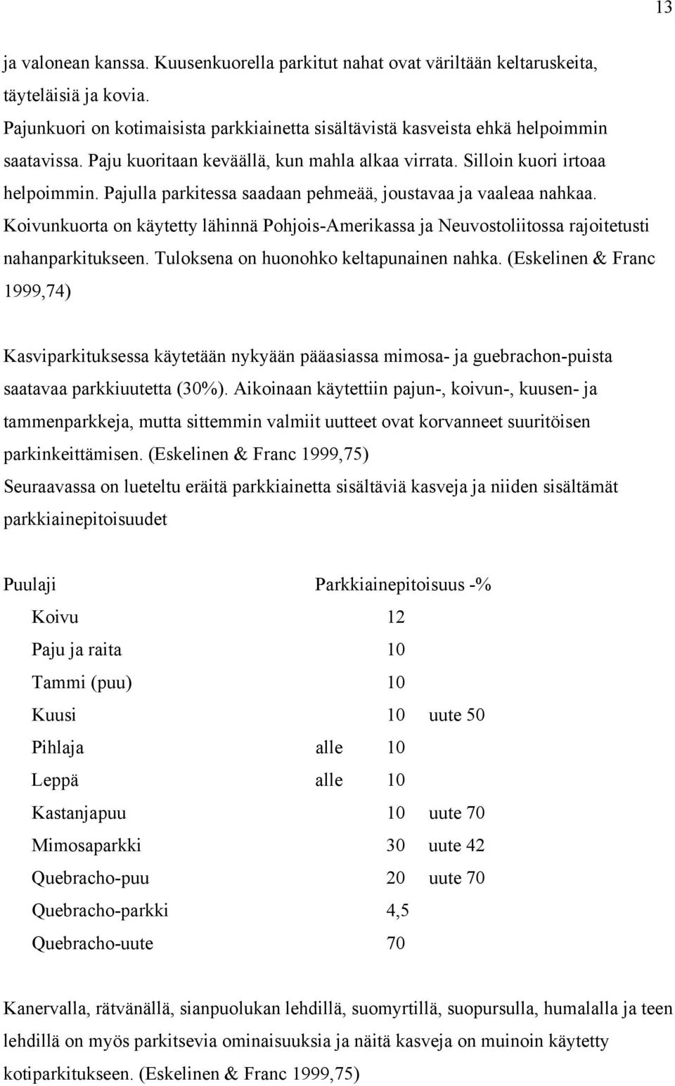 Koivunkuorta on käytetty lähinnä Pohjois-Amerikassa ja Neuvostoliitossa rajoitetusti nahanparkitukseen. Tuloksena on huonohko keltapunainen nahka.