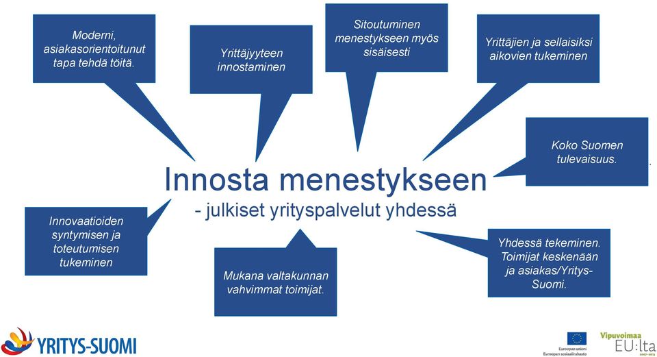 aikovien tukeminen Innovaatioiden syntymisen ja toteutumisen tukeminen Innosta menestykseen -