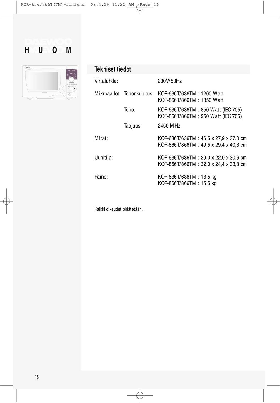 KOR-866T/866TM : 1350 Watt Teho: KOR-636T/636TM : 850 Watt (IEC 705) KOR-866T/866TM : 950 Watt (IEC 705) Taajuus: 2450 MHz Mitat: