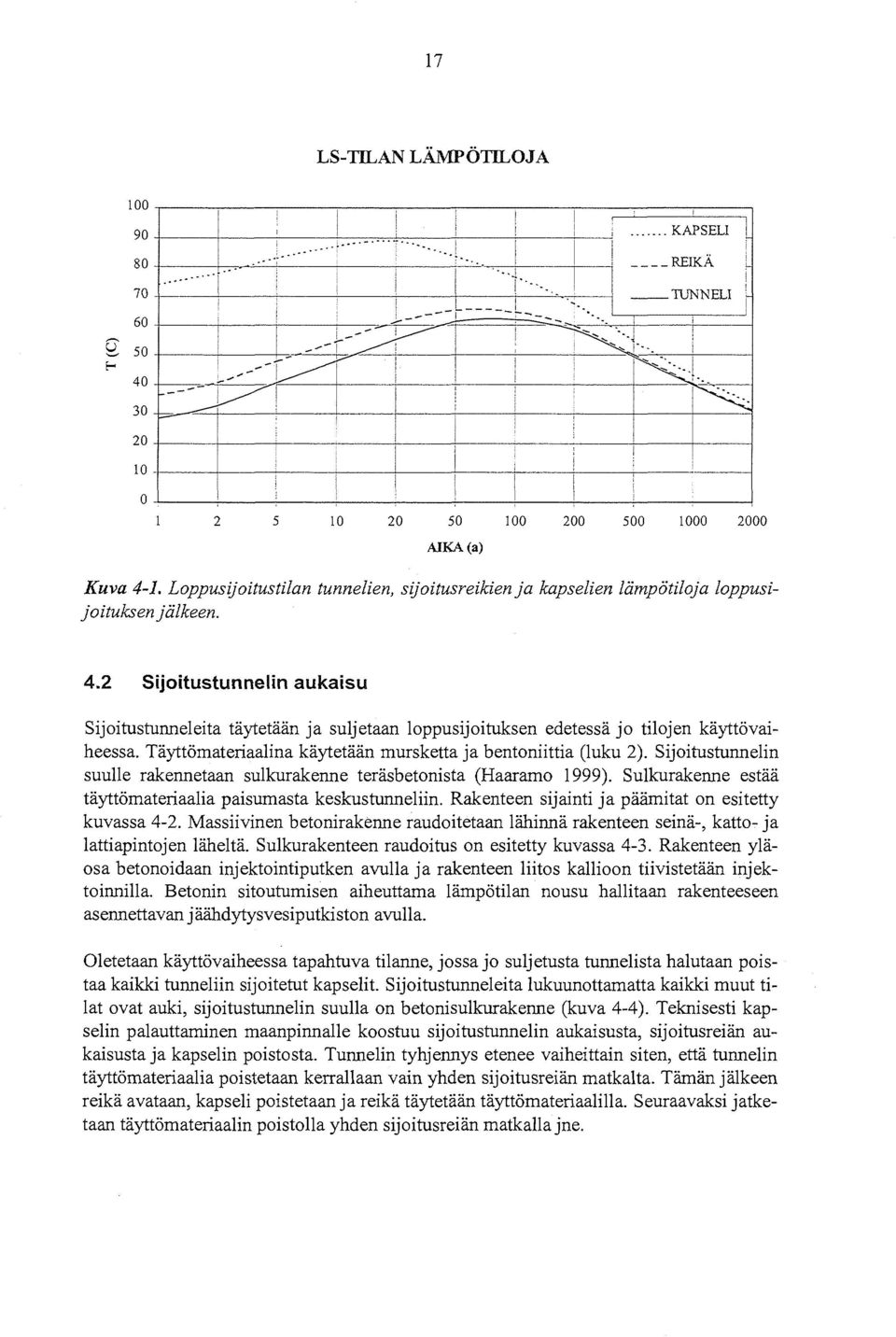 2 Sijoitustunnelin aukaisu Sijoitustunneleita täytetään ja suljetaan loppusijoituksen edetessä jo tilojen käyttövaiheessa. Täyttömateriaalina käytetään mursketta ja bentoniittia (luku 2).