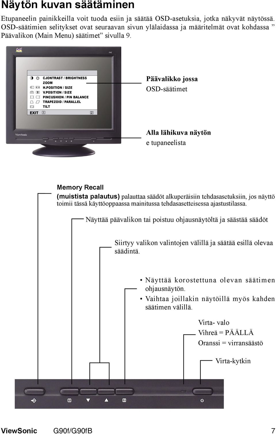 POSITION / SIZE PINCUSHION / PIN BALANCE TRAPEZOID / PARALLEL TILT 1 2 Päävalikko jossa OSD-säätimet Alla lähikuva näytön e tupaneelista Memory Recall (muistista palautus) palauttaa säädöt