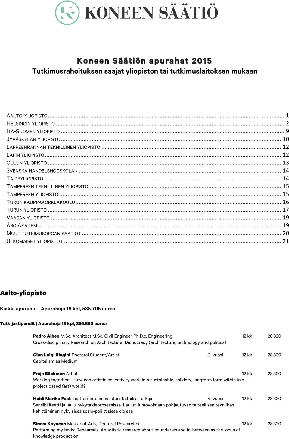 .. 15 TURUN KAUPPAKORKEAKOULU... 16 TURUN YLIOPISTO... 17 VAASAN YLIOPISTO... 19 ÅBO AKADEMI... 19 MUUT TUTKIMUSORGANISAATIOT... 20 ULKOMAISET YLIOPISTOT.