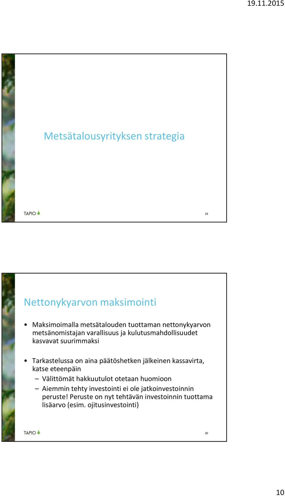 päätöshetken jälkeinen kassavirta, katse eteenpäin Välittömät hakkuutulot otetaan huomioon Aiemmin tehty