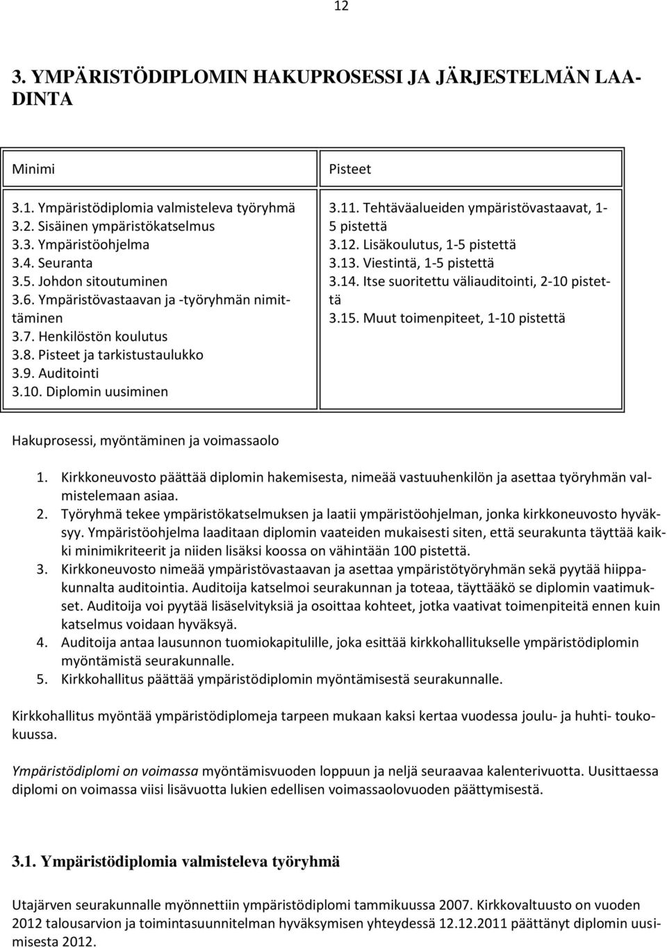 Tehtäväalueiden ympäristövastaavat, 1-5 pistettä 3.12. Lisäkoulutus, 1-5 pistettä 3.13. Viestintä, 1-5 pistettä 3.14. Itse suoritettu väliauditointi, 2-10 pistettä 3.15.