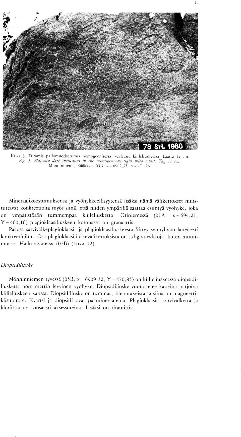 kiilleliusketta Oriniemessa A x= Y= plagioklaasiliuskeen koronassa on granaattia Paaosa sarvivalkeplagioklaasi ja plagioklaasiliuskeesta liittyy synnyltaan laheisesti konkreetioihin Osa