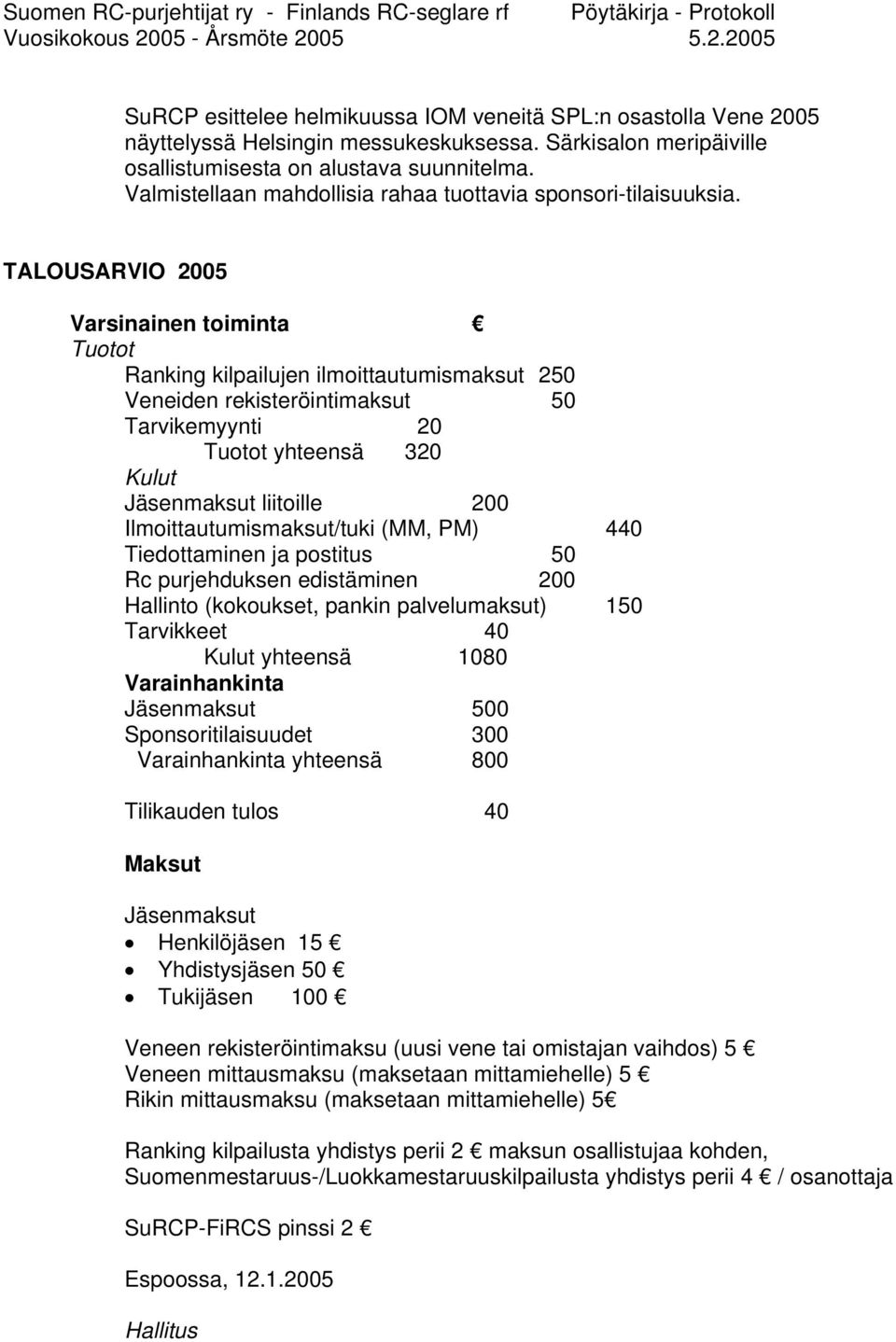 TALOUSARVIO 2005 Varsinainen toiminta Tuotot Ranking kilpailujen ilmoittautumismaksut 250 Veneiden rekisteröintimaksut 50 Tarvikemyynti 20 Tuotot yhteensä 320 Kulut Jäsenmaksut liitoille 200