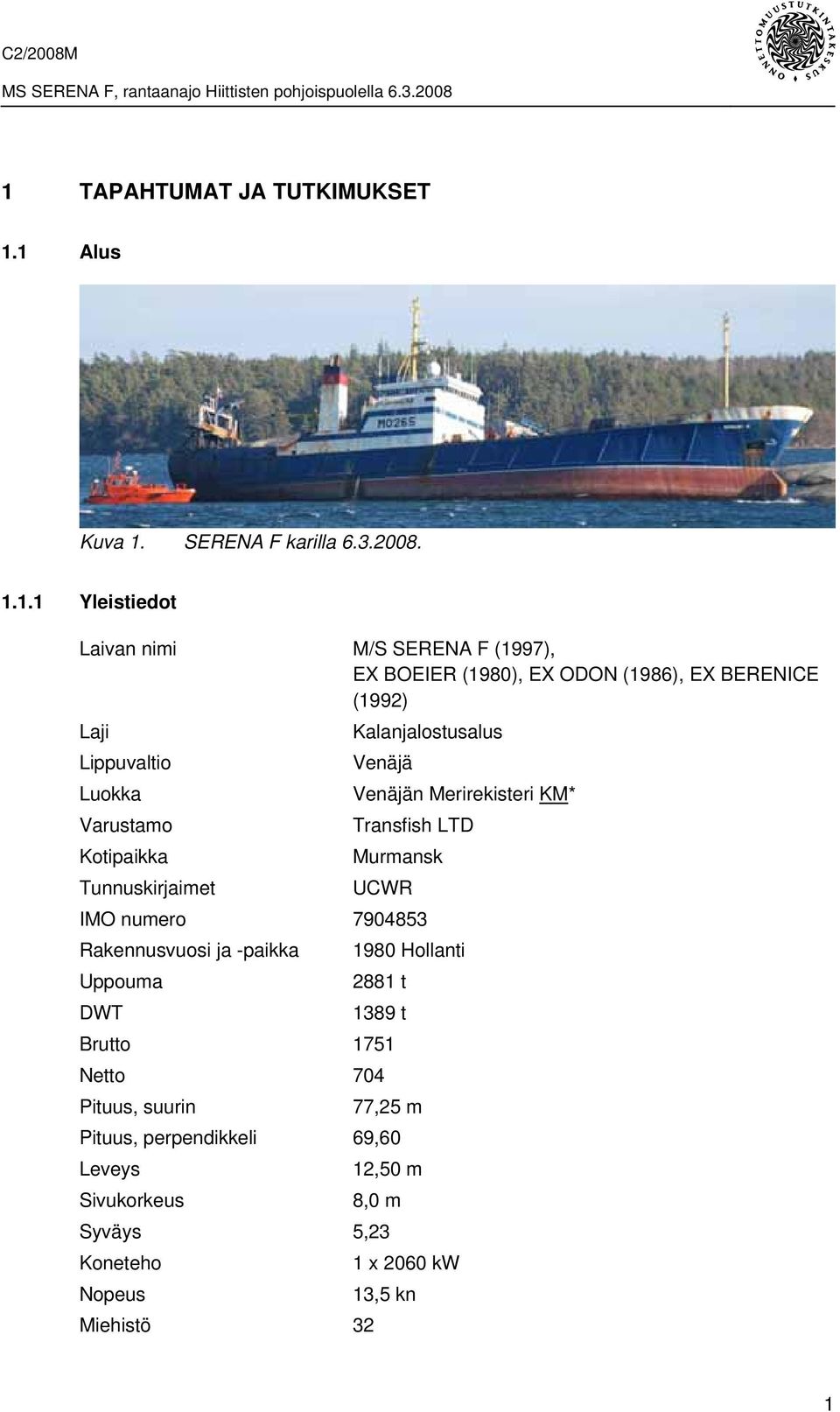 Kotipaikka Murmansk Tunnuskirjaimet UCWR IMO numero 7904853 Rakennusvuosi ja -paikka 1980 Hollanti Uppouma 2881 t DWT 1389 t Brutto 1751