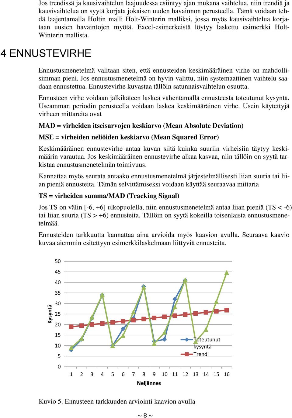 Excel-esimerkeistä löytyy laskettu esimerkki Holt- Winterin mallista. 4 ENNUSTEVIRHE Ennustusmenetelmä valitaan siten, että ennusteiden keskimääräinen virhe on mahdollisimman pieni.