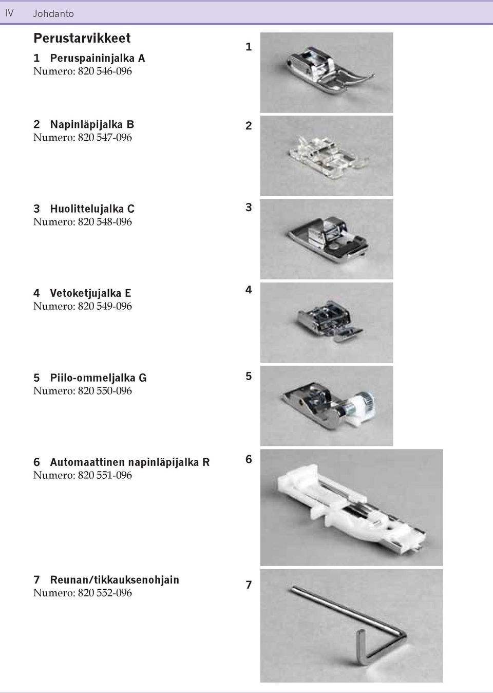 Vetoketjujalka E Numero: 820 549-096 4 5 Piilo-ommeljalka G Numero: 820 550-096 5 6