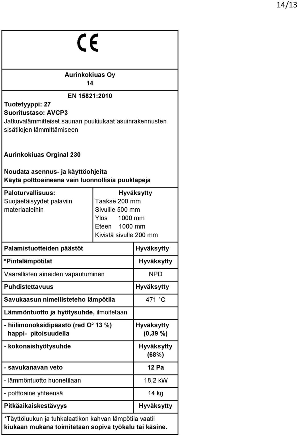 Ylös 1000 mm Eteen 1000 mm Kivistä sivulle 200 mm Vaarallisten aineiden vapautuminen Puhdistettavuus NPD Savukaasun nimellisteteho lämpötila 471 C Lämmöntuotto ja hyötysuhde, ilmoitetaan -