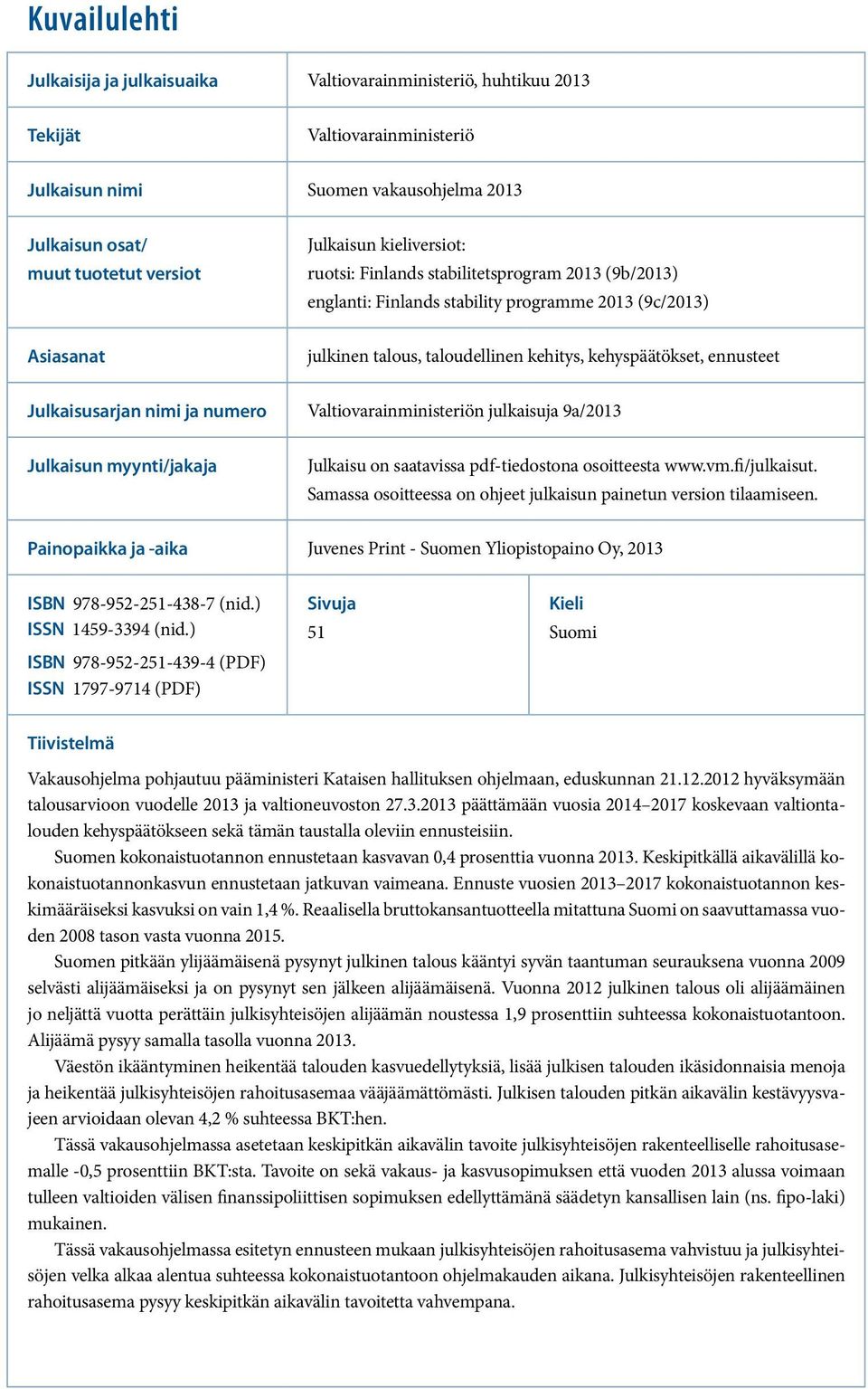 Julkaisusarjan nimi ja numero Valtiovarainministeriön julkaisuja 9a/2013 Julkaisun myynti/jakaja Julkaisu on saatavissa pdf-tiedostona osoitteesta www.vm.fi/julkaisut.