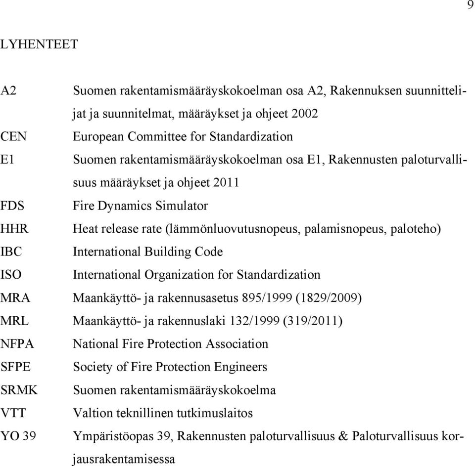 International Building Code ISO International Organization for Standardization MRA Maankäyttö- ja rakennusasetus 895/1999 (1829/2009) MRL Maankäyttö- ja rakennuslaki 132/1999 (319/2011) NFPA National