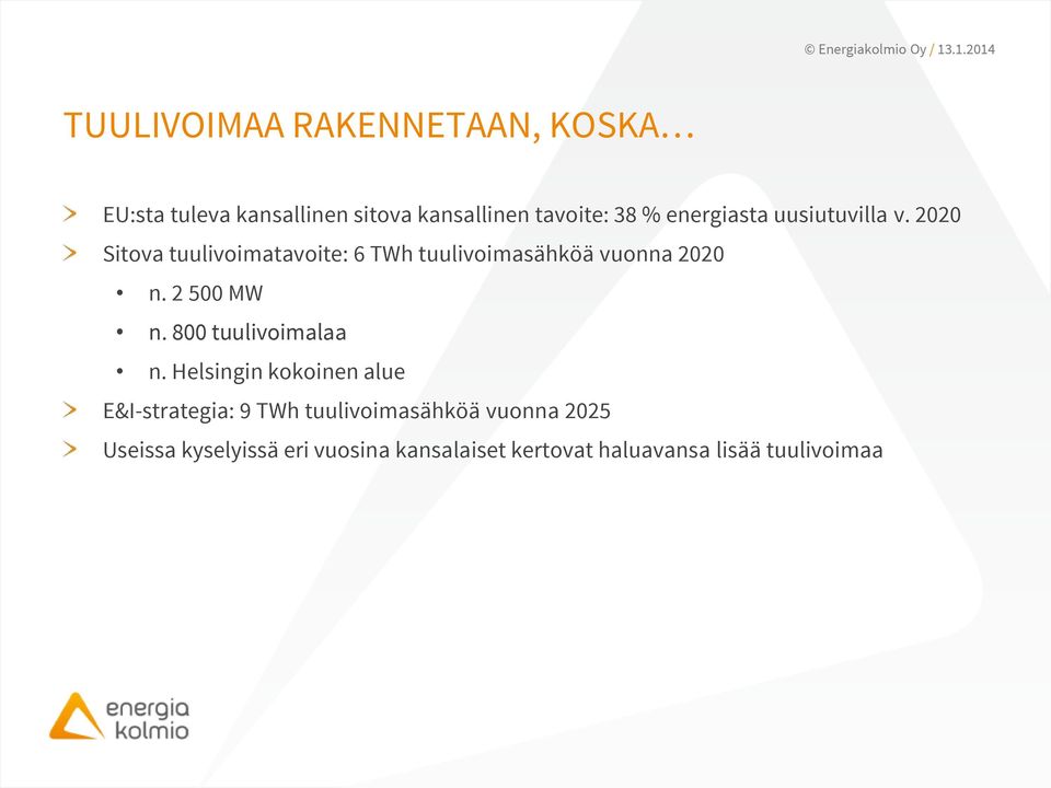 2020 Sitova tuulivoimatavoite: 6 TWh tuulivoimasähköä vuonna 2020 n. 2 500 MW n.