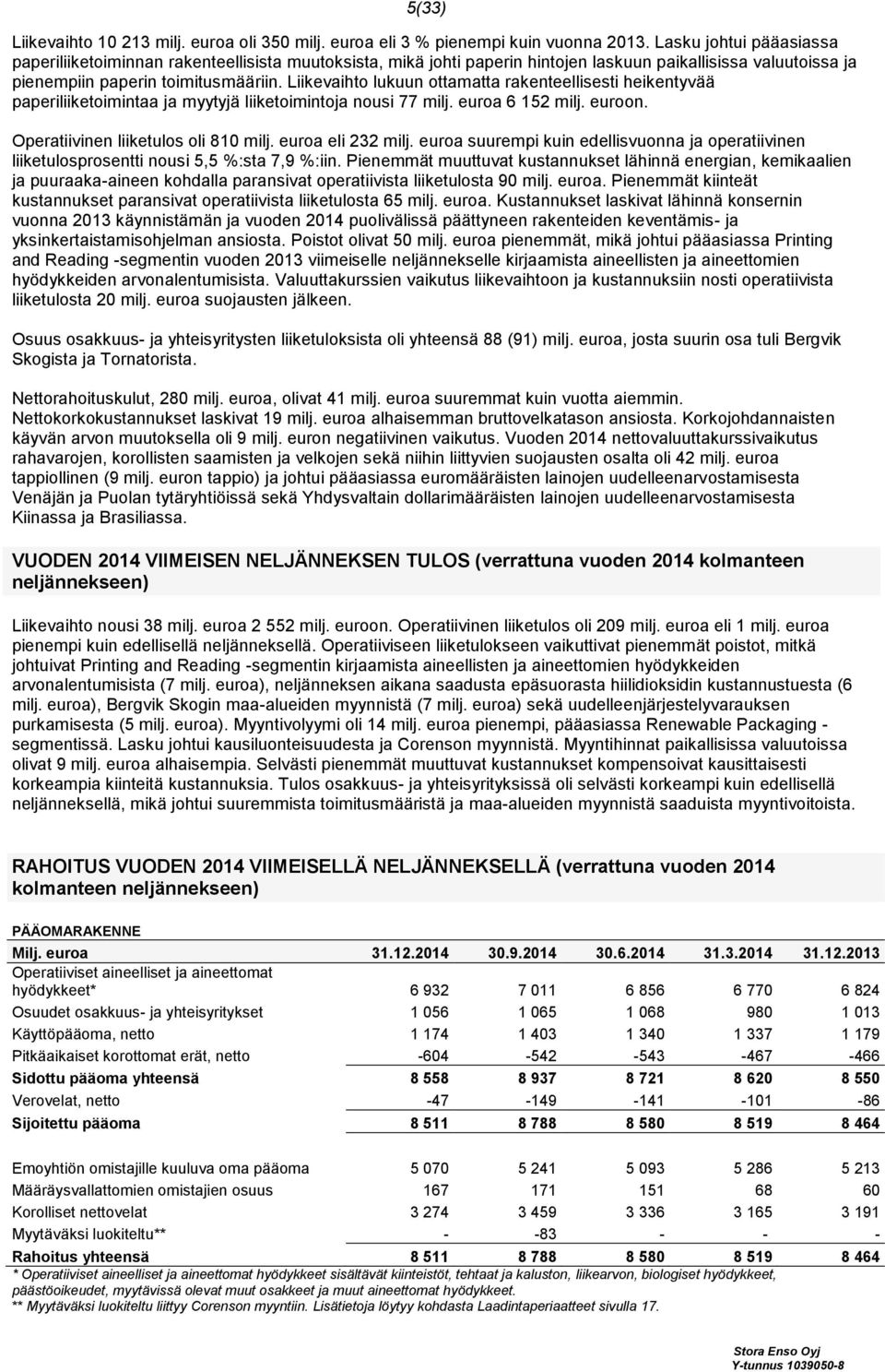 Liikevaihto lukuun ottamatta rakenteellisesti heikentyvää paperiliiketoimintaa ja myytyjä liiketoimintoja nousi 77 milj. euroa 6 152 milj. euroon. Operatiivinen liiketulos oli 810 milj.