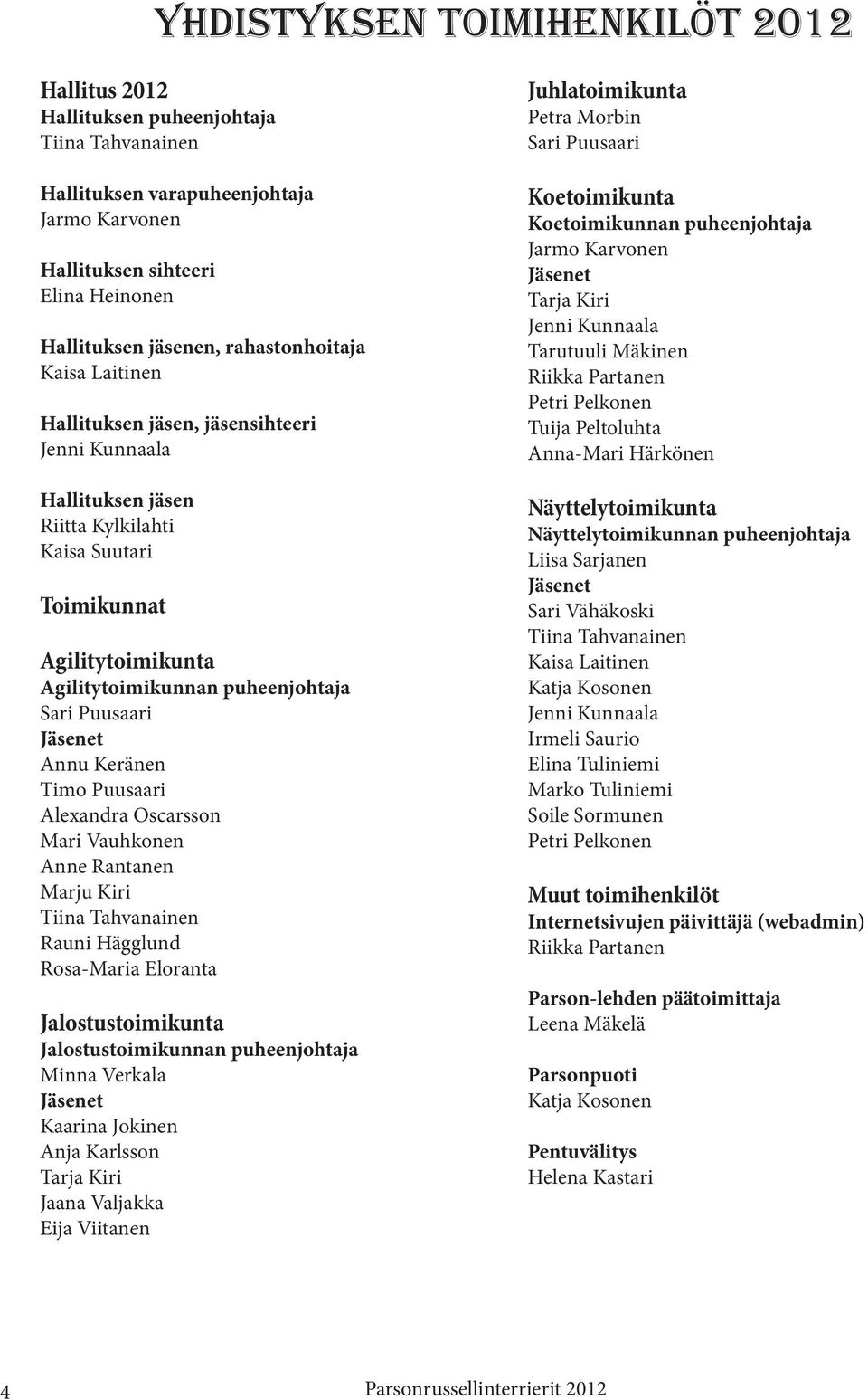 Puusaari Alexandra scarsson ari Vauhkonen Anne antanen arju iri iina ahvanainen auni ägglund osa-aria loranta Jalostustoimikunta Jalostustoimikunnan puheenjohtaja inna Verkala Jäsenet aarina Jokinen