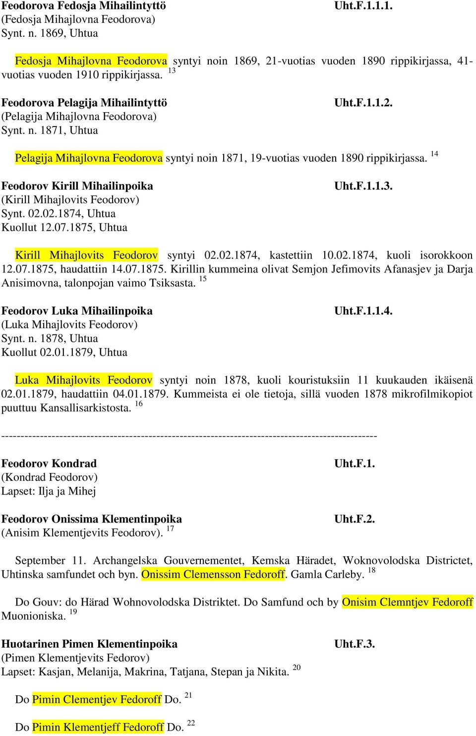 14 Feodorov Kirill Mihailinpoika (Kirill Mihajlovits Feodorov) Synt. 02.02.1874, Uhtua Kuollut 12.07.1875, Uhtua 1.3. Kirill Mihajlovits Feodorov syntyi 02.02.1874, kastettiin 10.02.1874, kuoli isorokkoon 12.