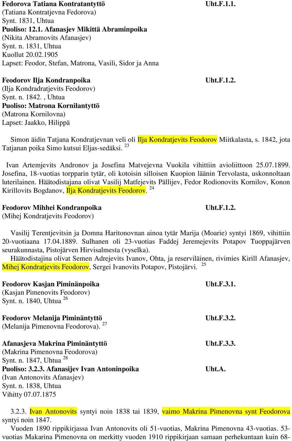 , Uhtua Puoliso: Matrona Kornilantyttö (Matrona Kornilovna) Lapset: Jaakko, Hilippä 1. 2. Simon äidin Tatjana Kondratjevnan veli oli Ilja Kondratjevits Feodorov Miitkalasta, s.