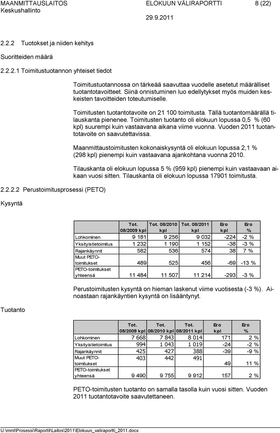 Toimitusten tuotanto oli elokuun lopussa 0,5 % (60 kpl) suurempi kuin vastaavana aikana viime vuonna. Vuoden 2011 tuotantotavoite on saavutettavissa.