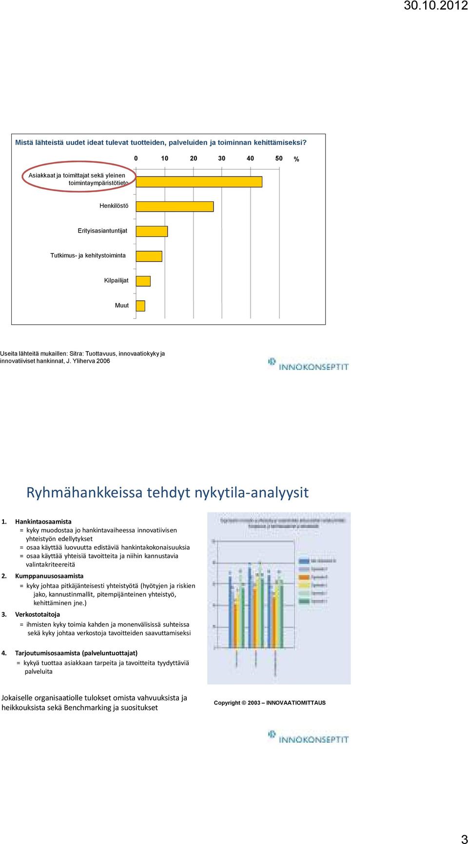 Tuottavuus, innovaatiokyky ja innovatiiviset hankinnat, J. Yliherva 2006 Ryhmähankkeissa tehdyt nykytila-analyysit 1.