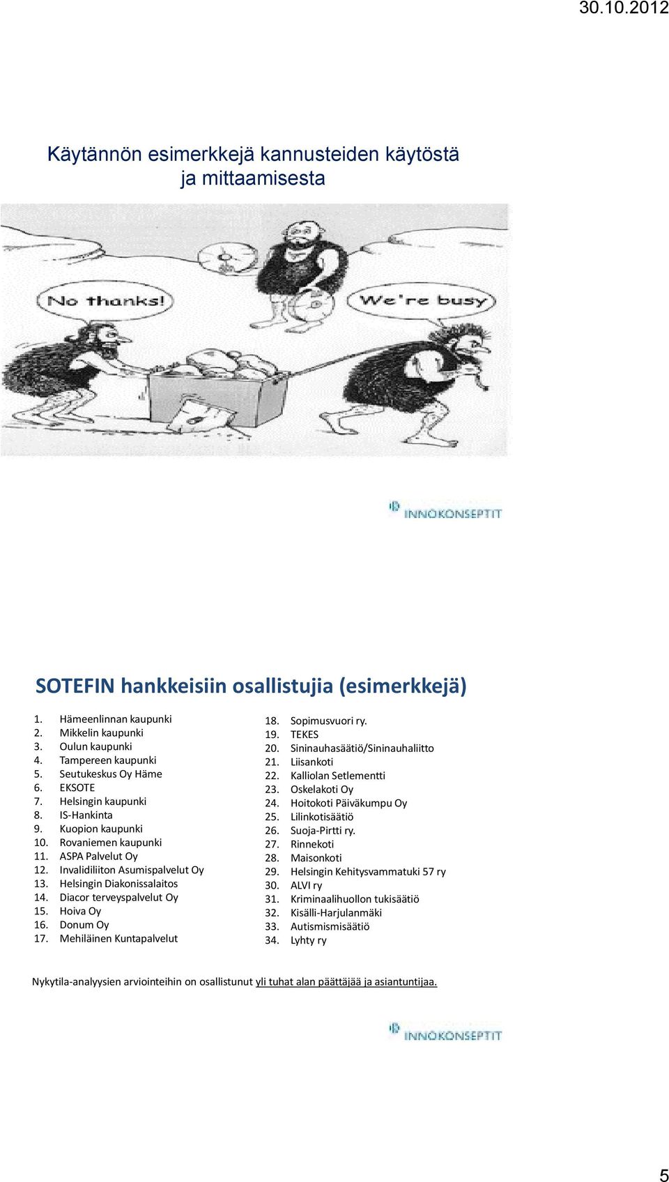 Helsingin Diakonissalaitos 14. Diacor terveyspalvelut Oy 15. Hoiva Oy 16. DonumOy 17. Mehiläinen Kuntapalvelut 18. Sopimusvuori ry. 19. TEKES 20. Sininauhasäätiö/Sininauhaliitto 21. Liisankoti 22.