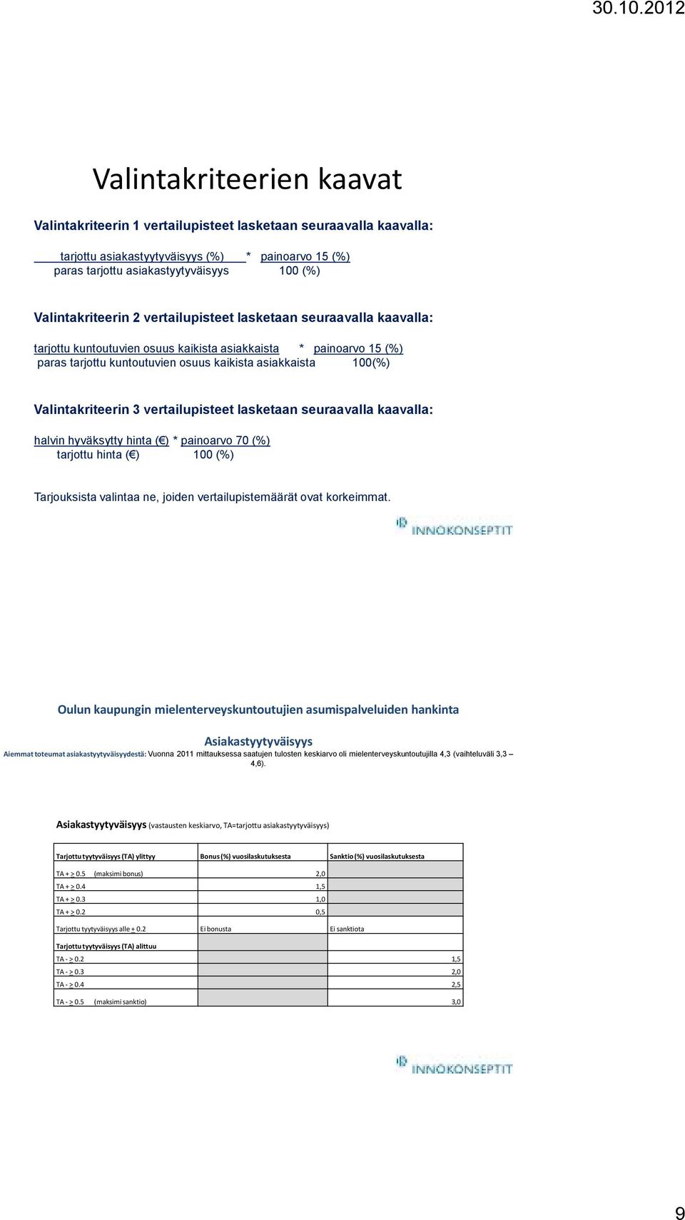 Valintakriteerin 3 vertailupisteet lasketaan seuraavalla kaavalla: halvin hyväksytty hinta ( ) * painoarvo 70 (%) tarjottu hinta ( ) 100 (%) Tarjouksista valintaa ne, joiden vertailupistemäärät ovat