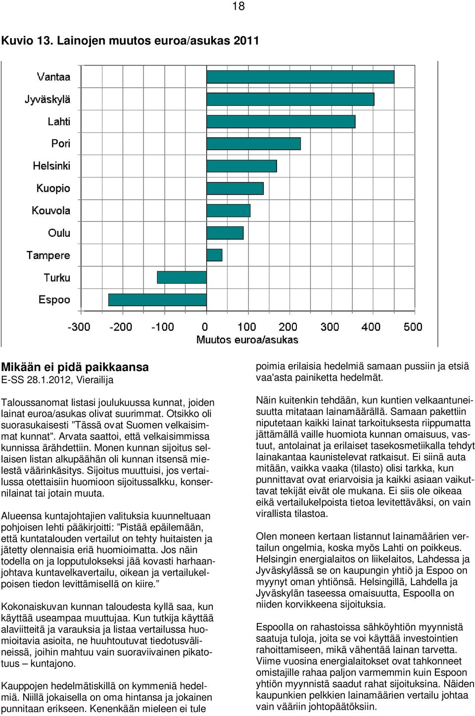 Monen kunnan sijoitus sellaisen listan alkupäähän oli kunnan itsensä mielestä väärinkäsitys. Sijoitus muuttuisi, jos vertailussa otettaisiin huomioon sijoitussalkku, konsernilainat tai jotain muuta.