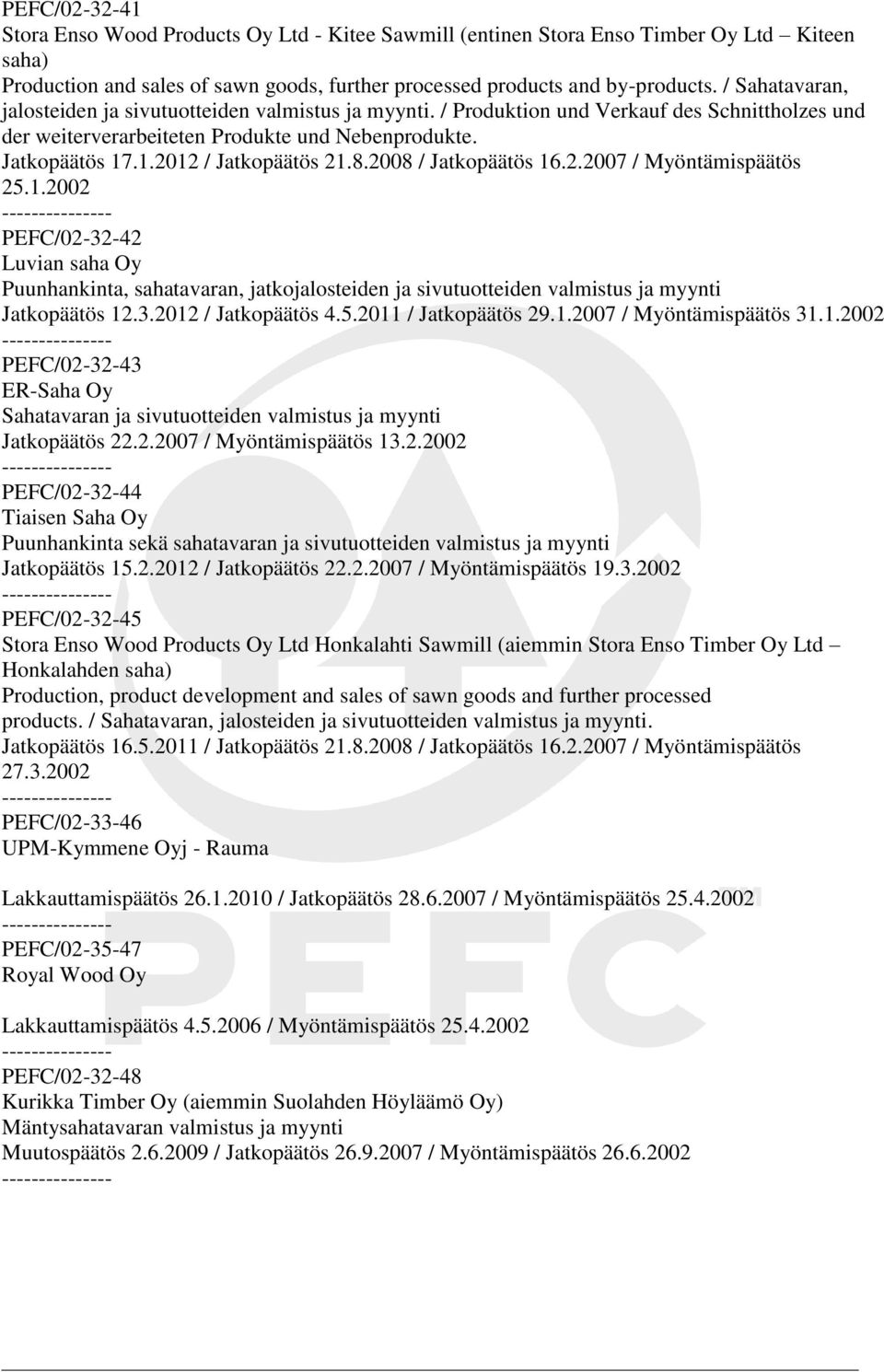 .1.2012 / Jatkopäätös 21.8.2008 / Jatkopäätös 16.2.2007 / Myöntämispäätös 25.1.2002 PEFC/02-32-42 Luvian saha Oy Puunhankinta, sahatavaran, jatkojalosteiden ja sivutuotteiden valmistus ja myynti Jatkopäätös 12.