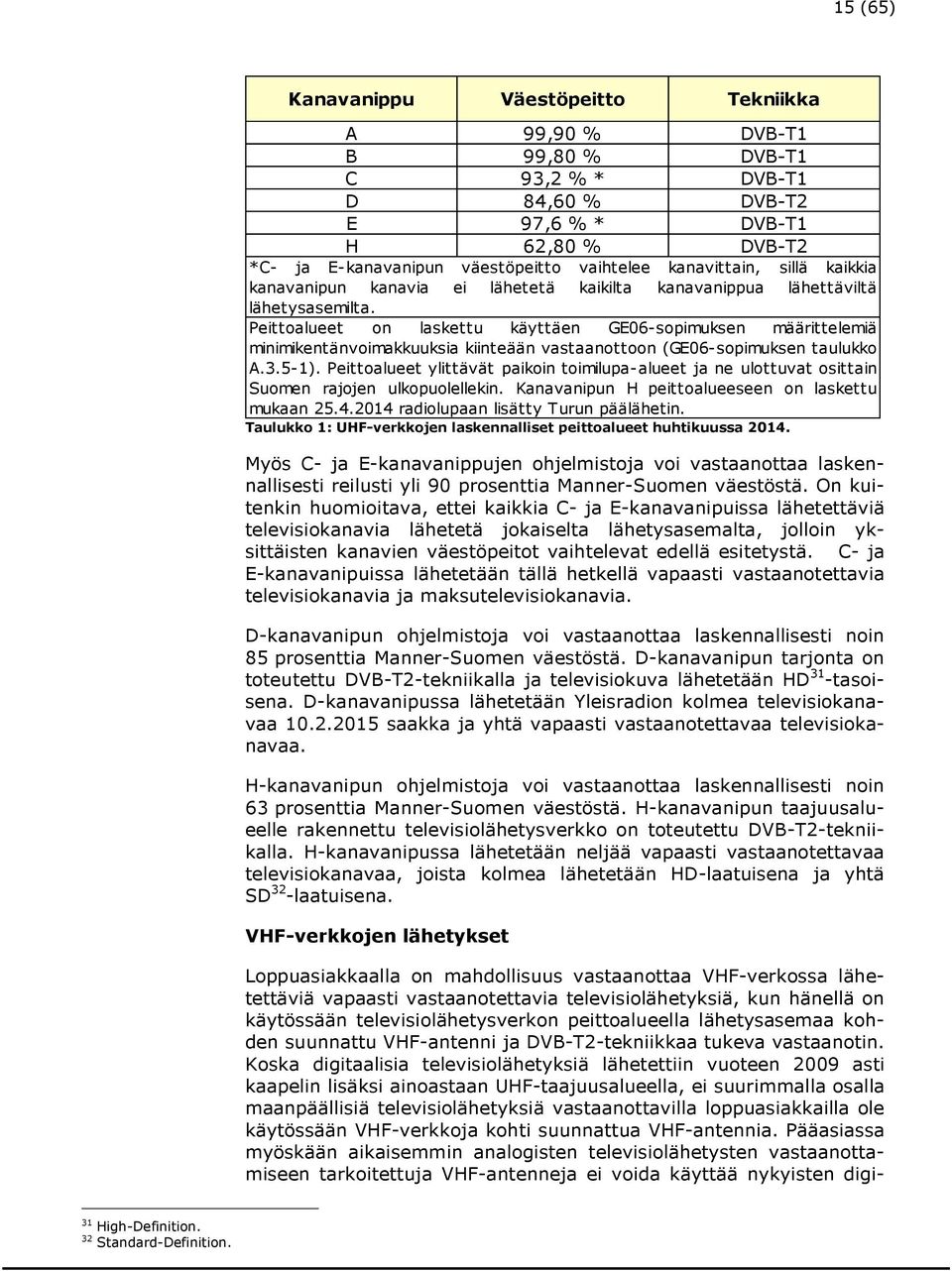 Peittoalueet on laskettu käyttäen GE06-sopimuksen määrittelemiä minimikentänvoimakkuuksia kiinteään vastaanottoon (GE06-sopimuksen taulukko A.3.5-1).