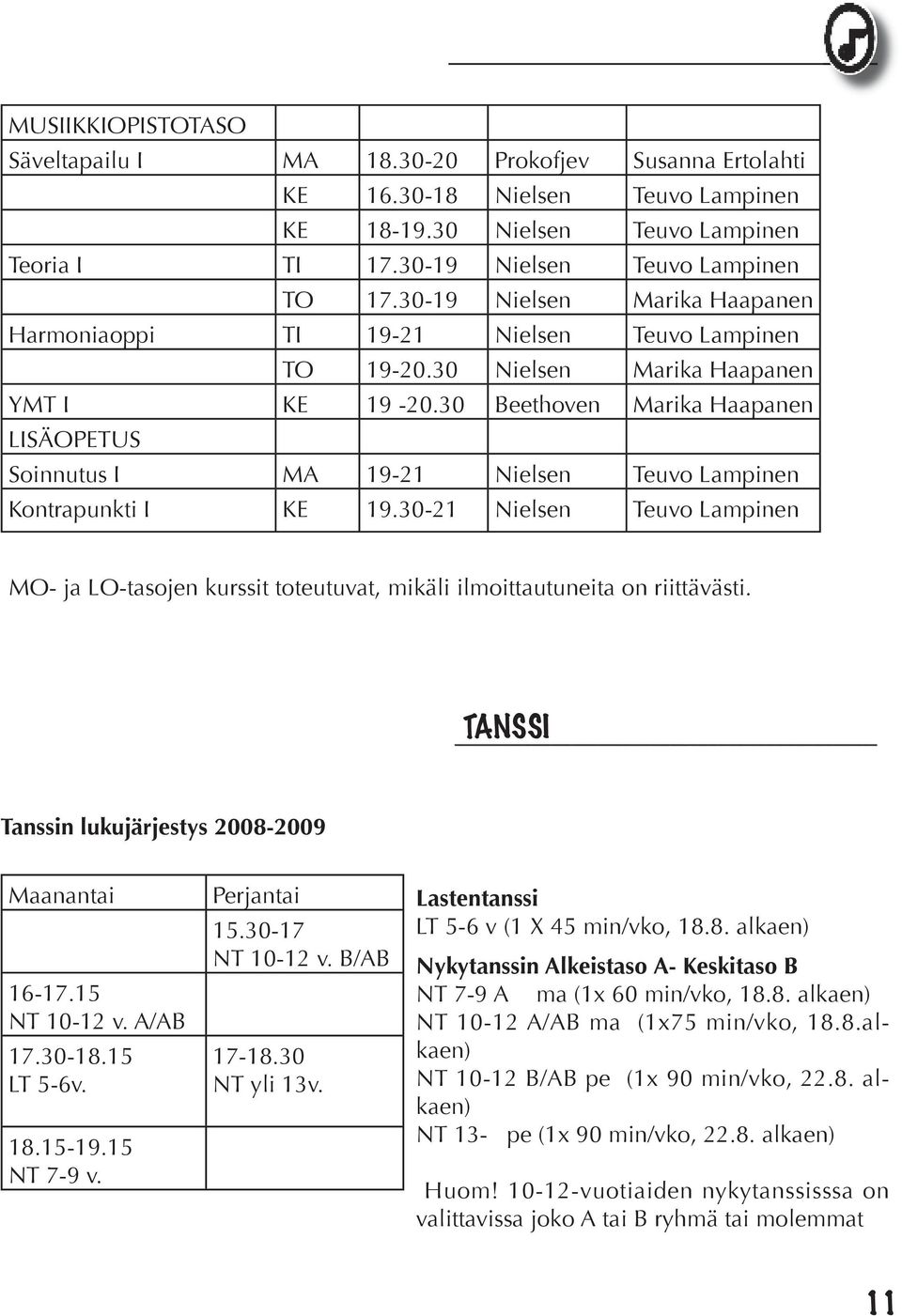 30 Beethoven Marika Haapanen LISÄOPETUS Soinnutus I MA 19-21 Nielsen Teuvo Lampinen Kontrapunkti I KE 19.